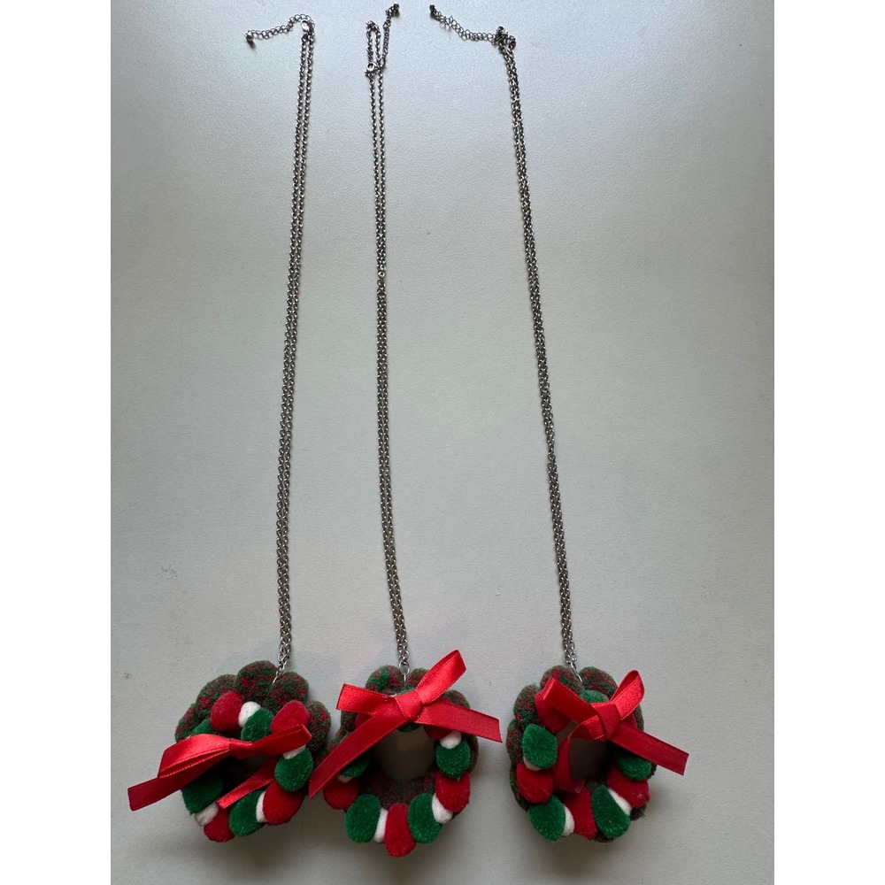 Bundle of 3 Christmas Wreath Pendant Necklace Red Green White Silver Chain NEW